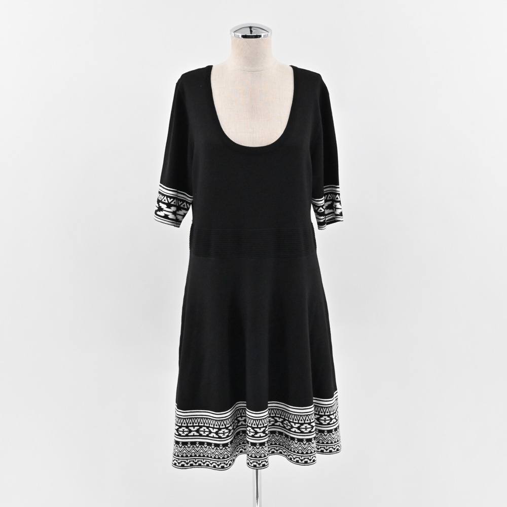 NINA LEONARD Dress Size XL Fit Flare Sweater Mini Black White Trim Scoop Neck